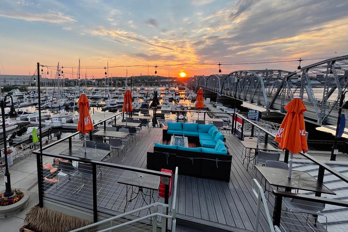 Rooftop patio at Sonny's Italian Kitchen overlooking Sturgeon Bay in Door County