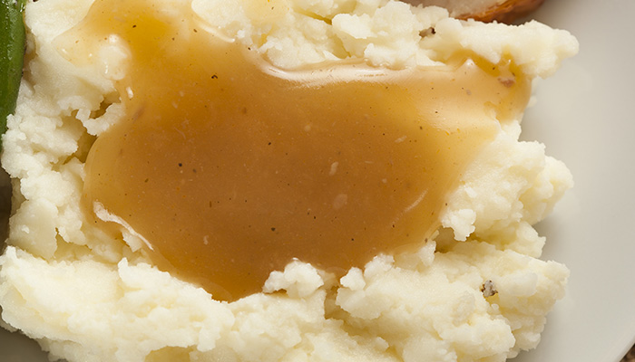 Mashed potatoes topped with brown gravy, served at Door County’s Waterfront Restaurant.