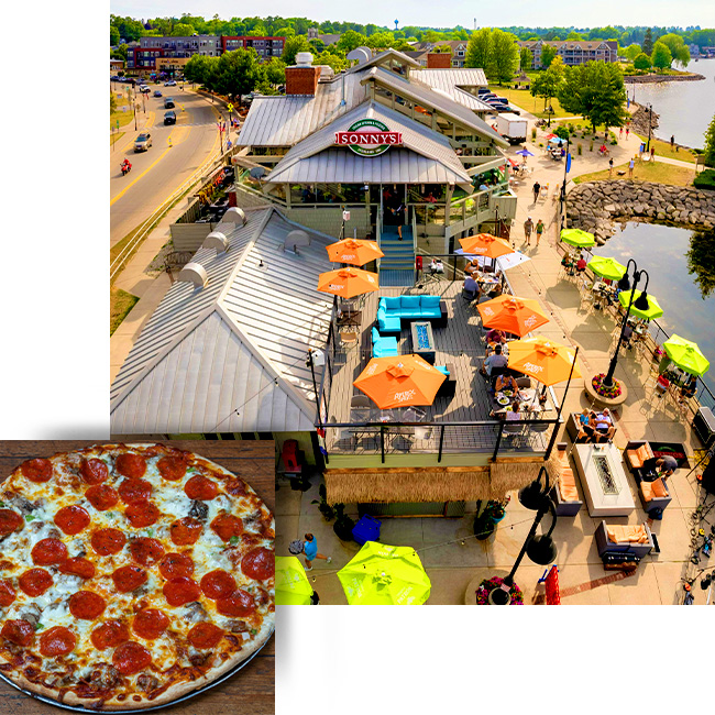 Aerial view of Sonny’s Italian Kitchen & Pizzeria patio in Door County; pepperoni pizza foreground.